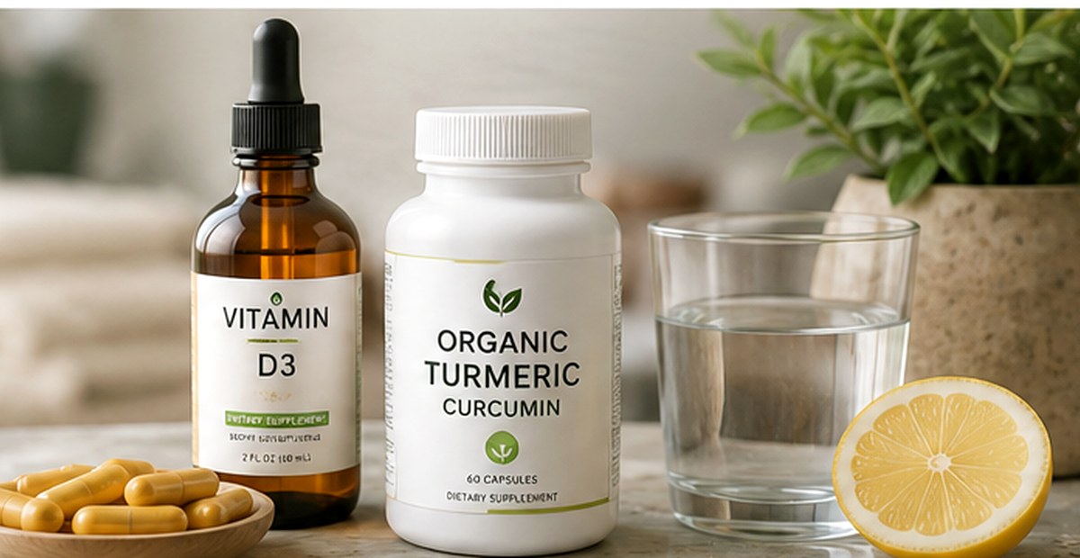 Clean wellness products with leaves and supplements